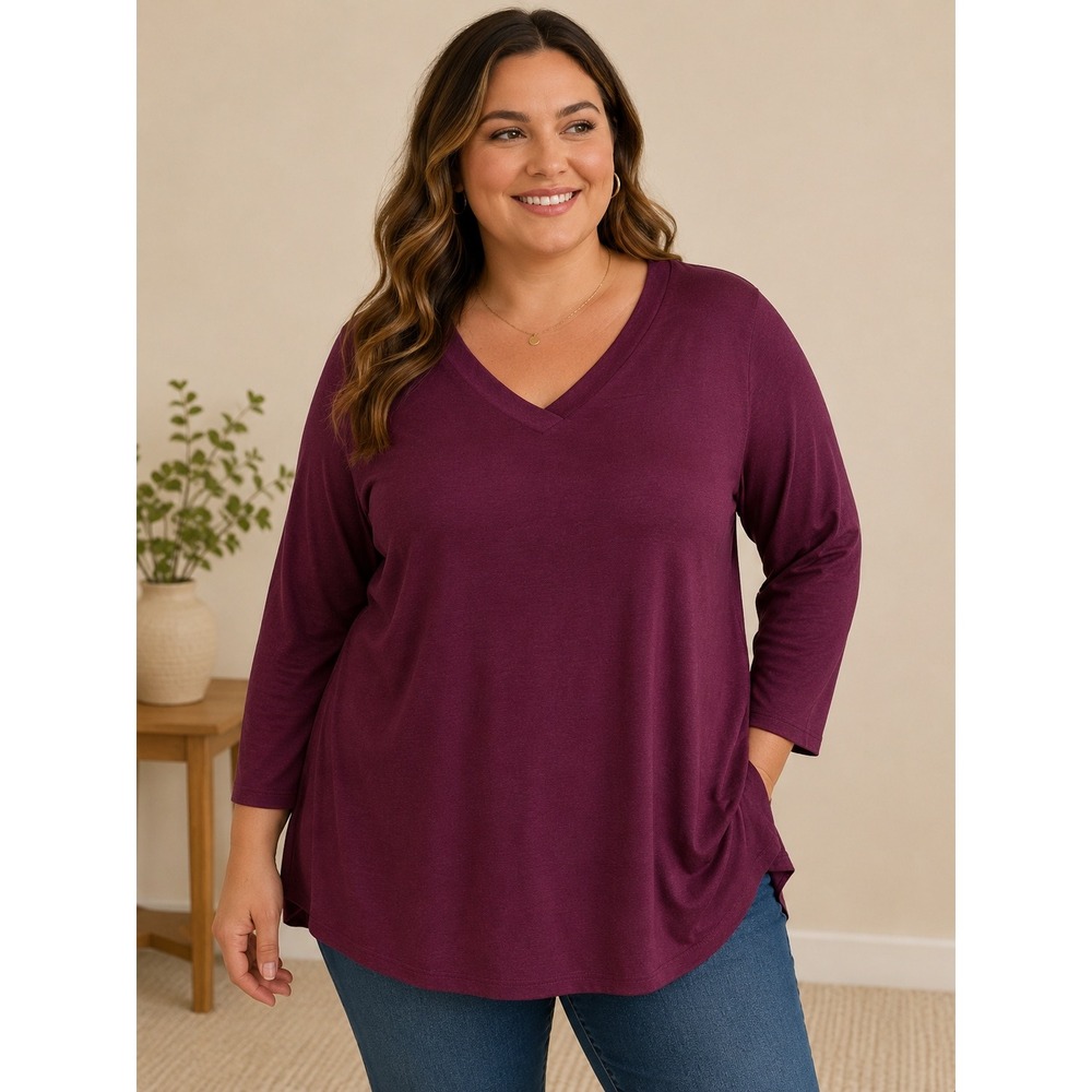 524. Bryant Burgundy V-Neck 3/4 Sleeve Cotton Slub Tunic Top Plus 22/24